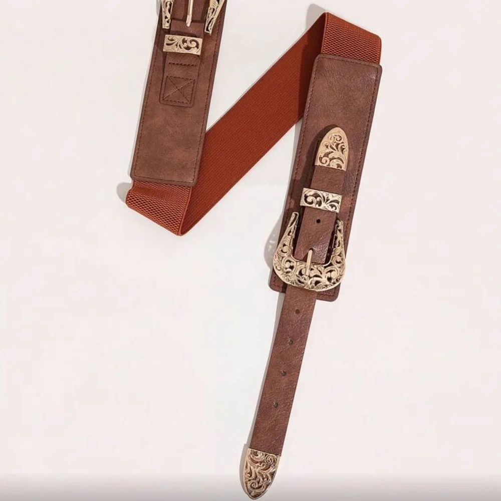 Brown Western Gold Double Buckle Stretchy Belt